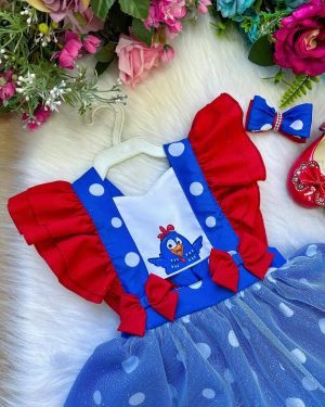 Romper/Vestido Princesa Belli Galinha Pintadinha Azul e Verm
