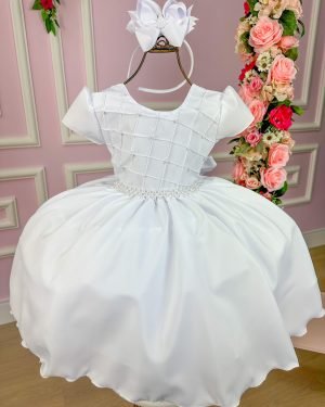 Vestido Ysa Kids Branco Peito Perolas