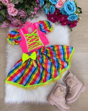 Conjunto Junino Banana Club Luxo Manu Rosa Neon