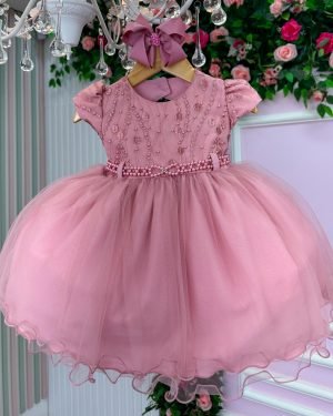 Vestido Menina Bonita Bianca Peito Perolas Rose