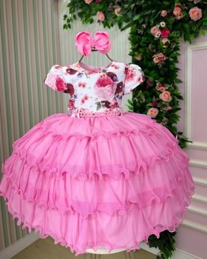 Vestido Menina Bonita Gisele Peito Florido Rosa Chiclete