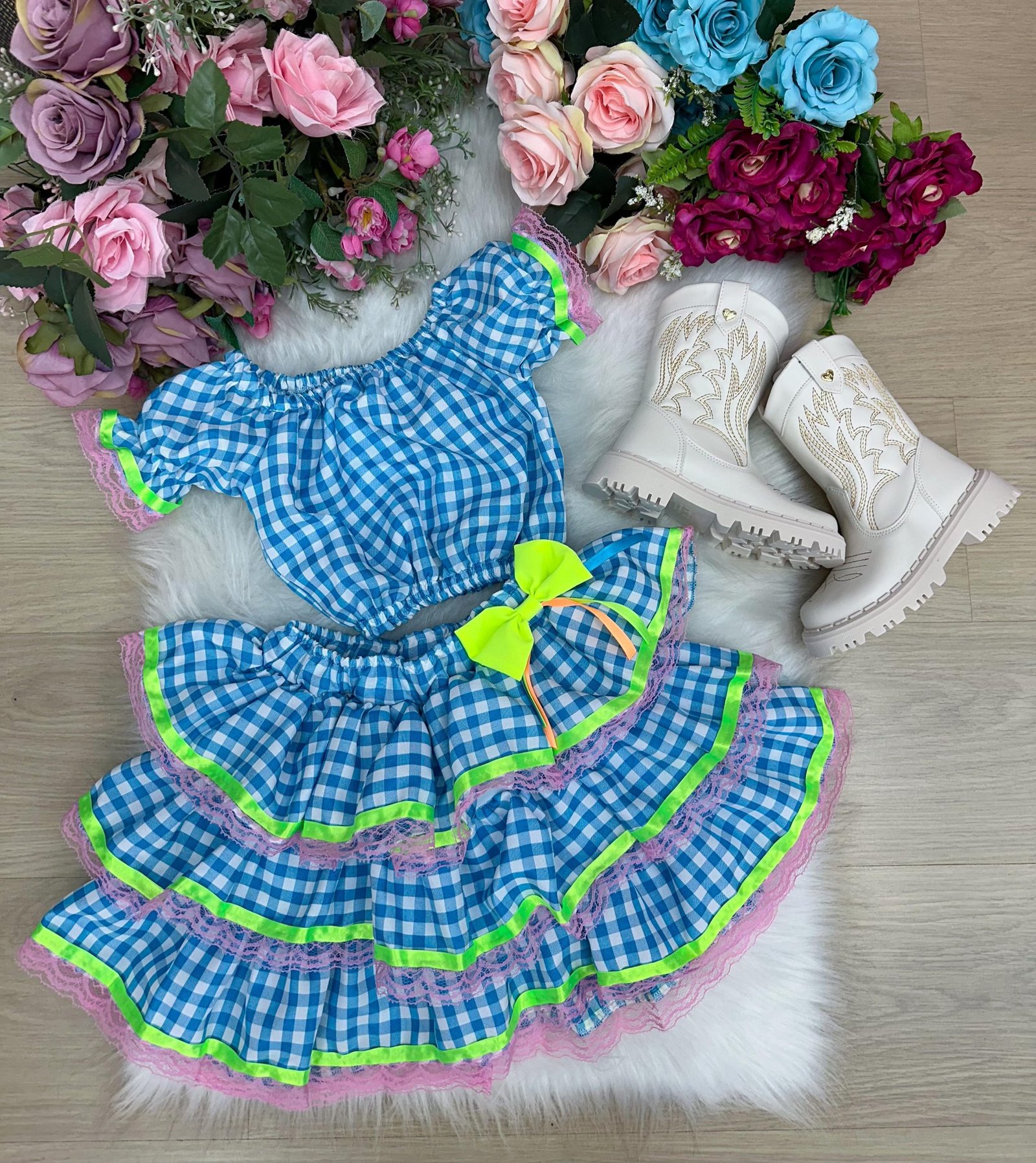 Conjunto Junino Banana Club Luxo Sofia Xadrez Azul - Imagem 6