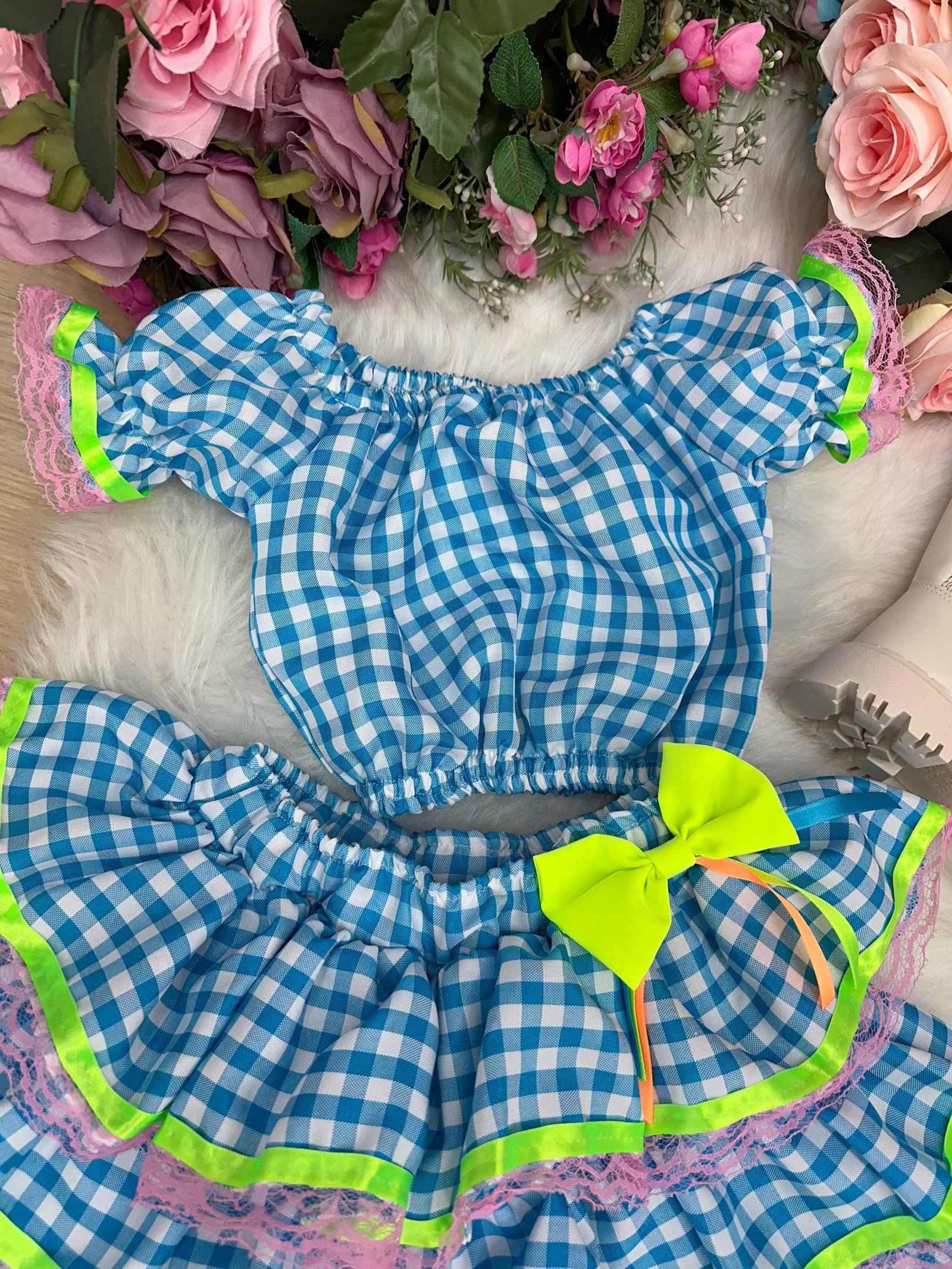 Conjunto Junino Banana Club Luxo Sofia Xadrez Azul - Imagem 7