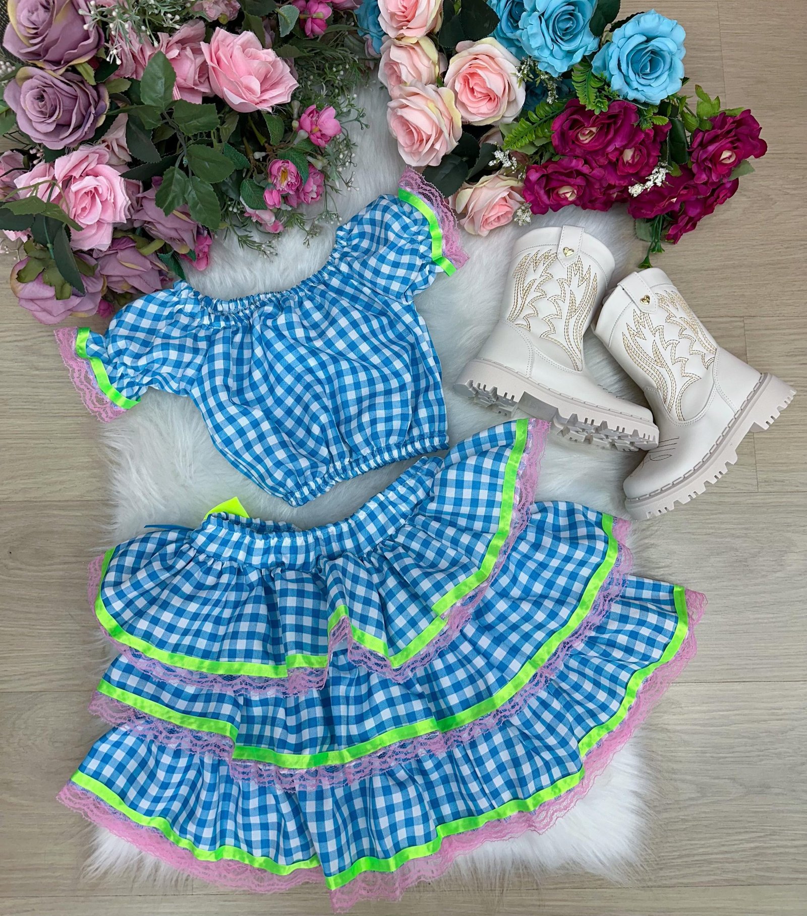 Conjunto Junino Banana Club Luxo Sofia Xadrez Azul - Imagem 8