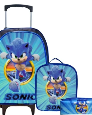 Kit Mochila Rodinhas + Lancheira + Estojo Sonic
