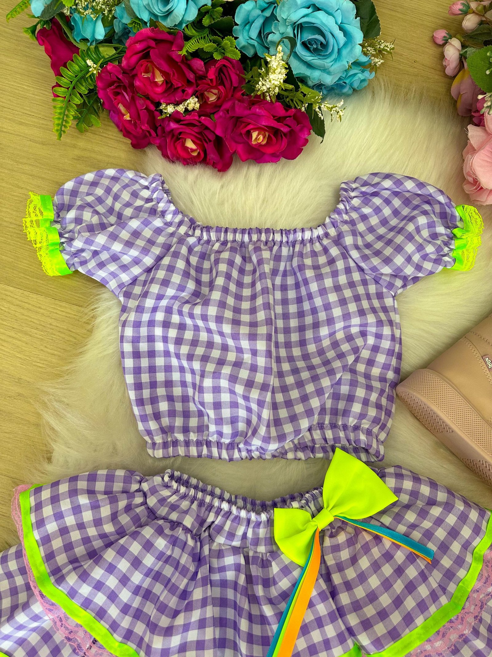 Conjunto Junino Banana Club Luxo Sofia Xadrez Lilas - Imagem 2