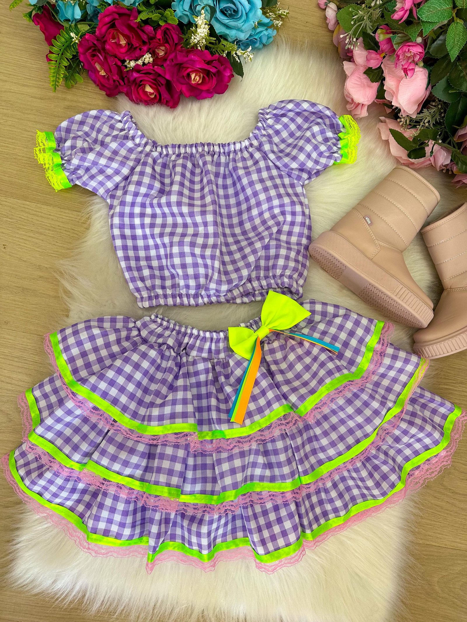 Conjunto Junino Banana Club Luxo Sofia Xadrez Lilas - Imagem 3
