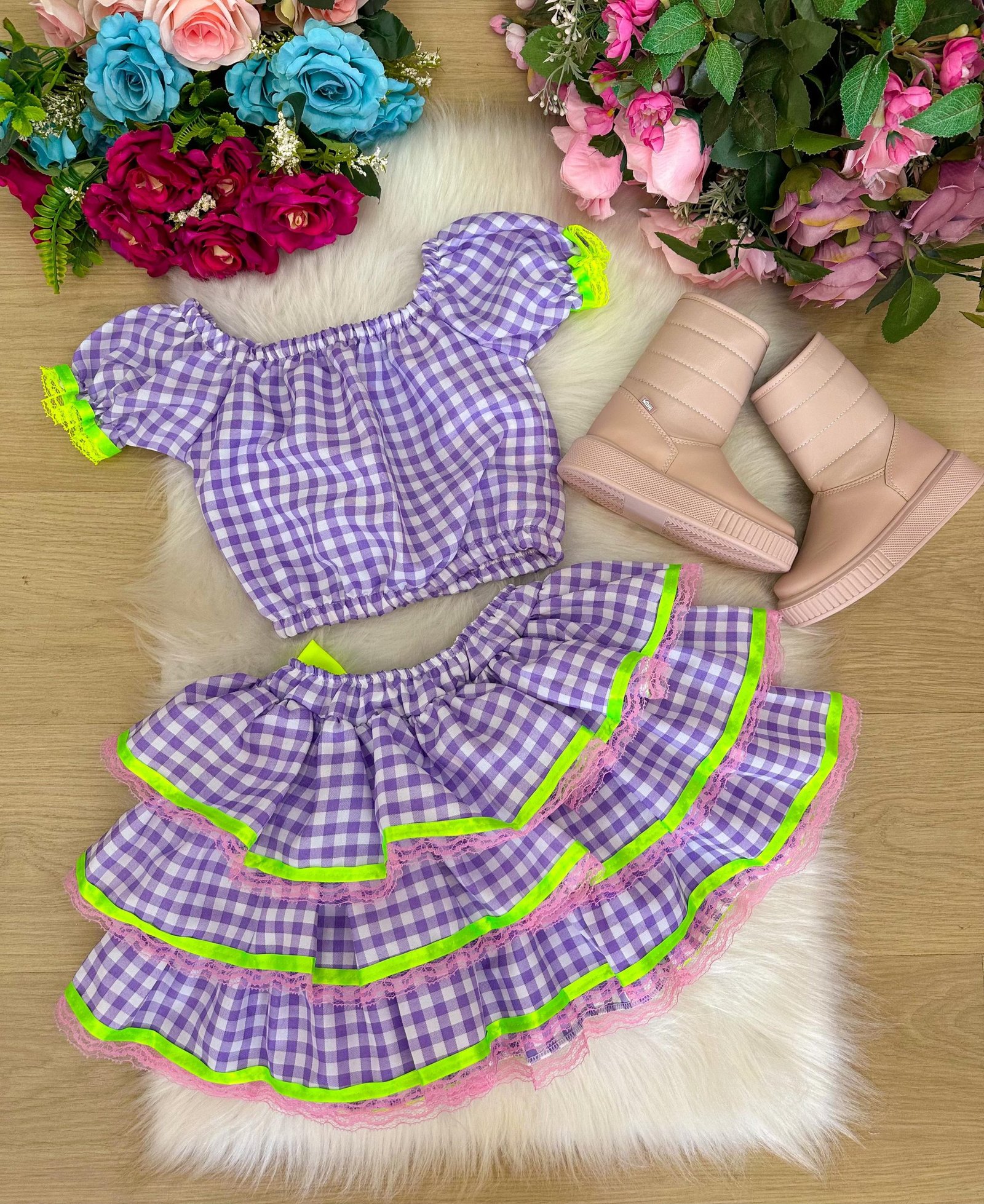 Conjunto Junino Banana Club Luxo Sofia Xadrez Lilas - Imagem 4