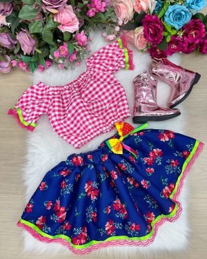 Conjunto Junino Banana Club Luxo Mirela Saia Florida Azul