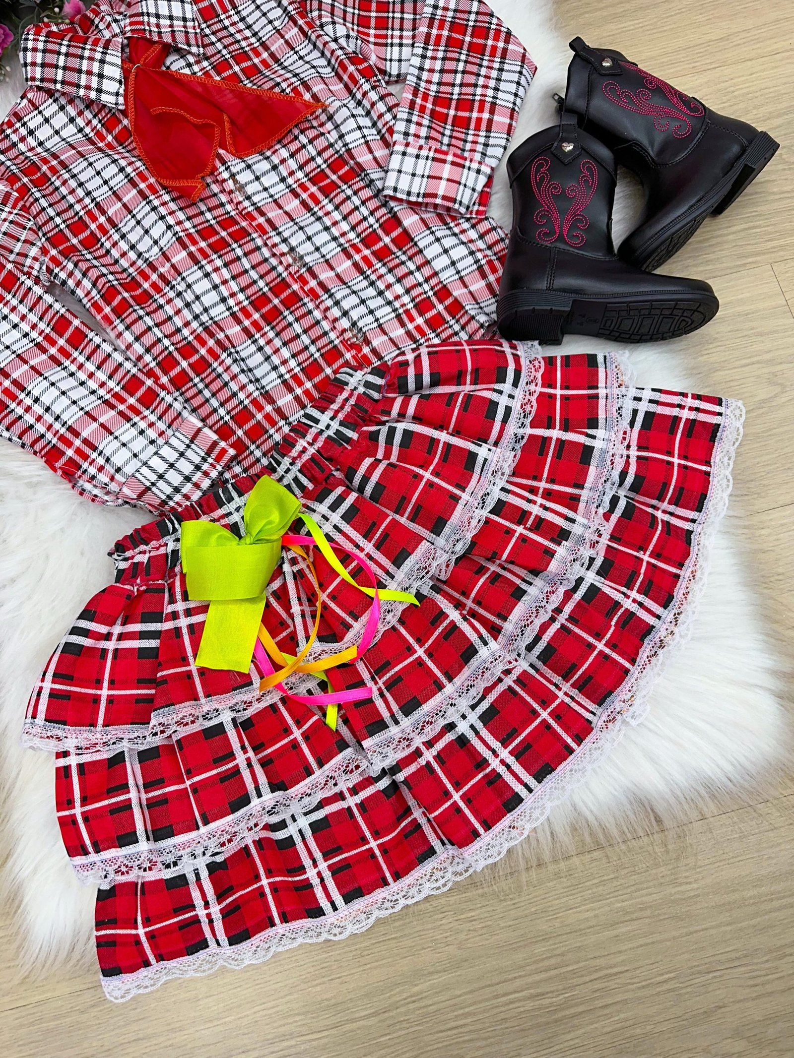 Conjunto Junino Xadrez Chiquinha Vermelho - Imagem 9