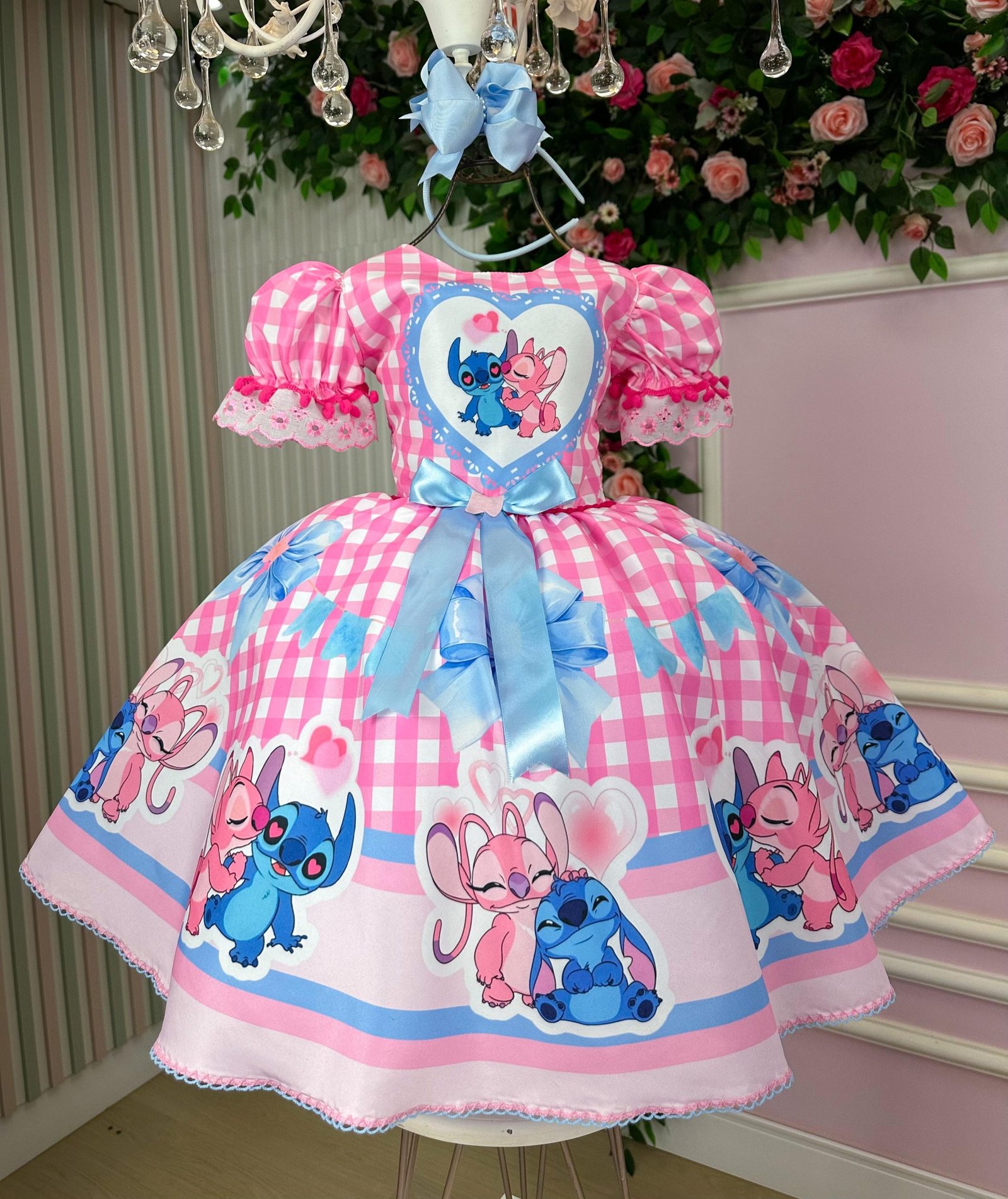 Vestido Junino Tematico Luxo Lilo Stitch Rosa Bebe - Imagem 6