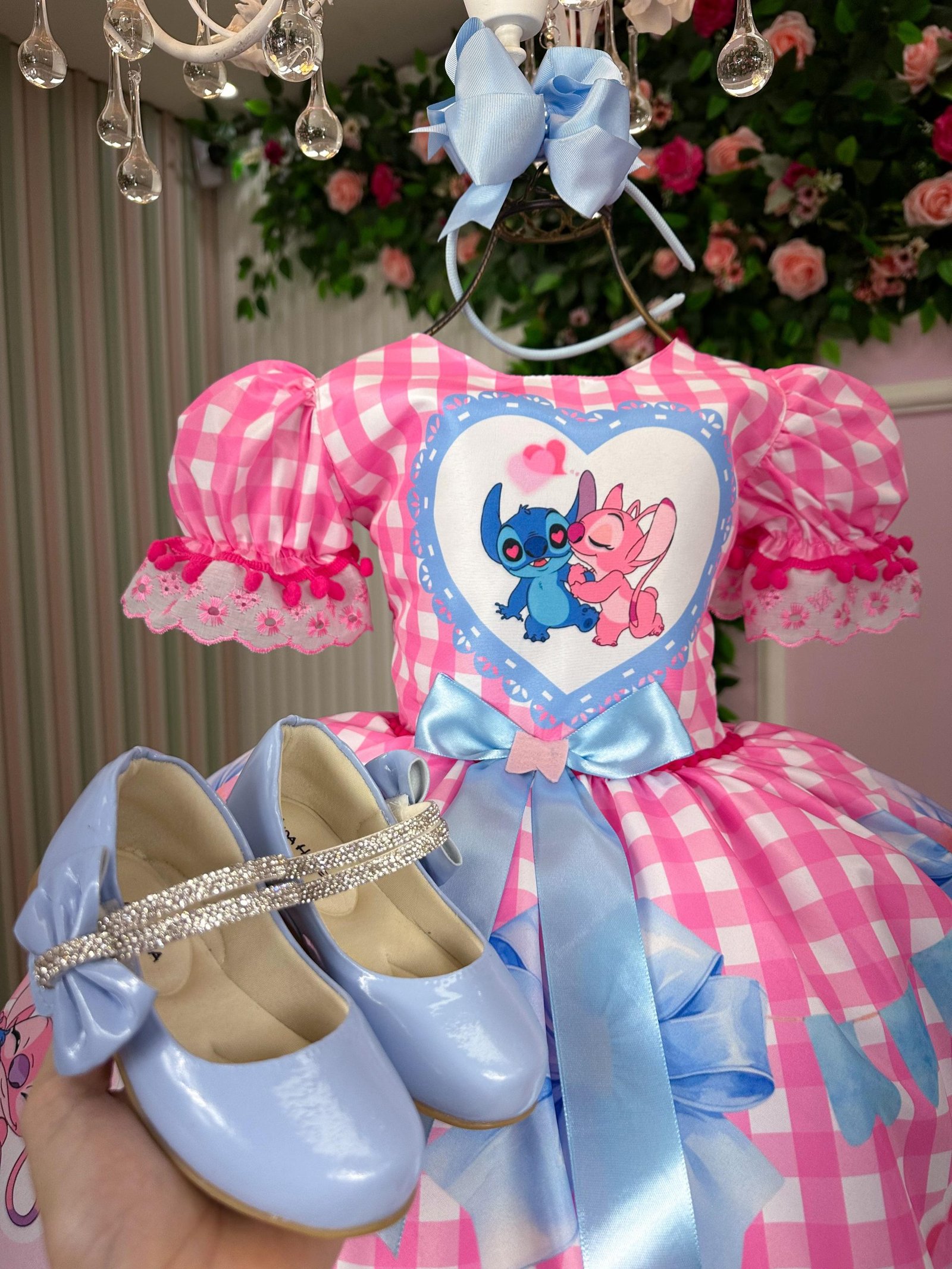 Vestido Junino Tematico Luxo Lilo Stitch Rosa Bebe - Imagem 8