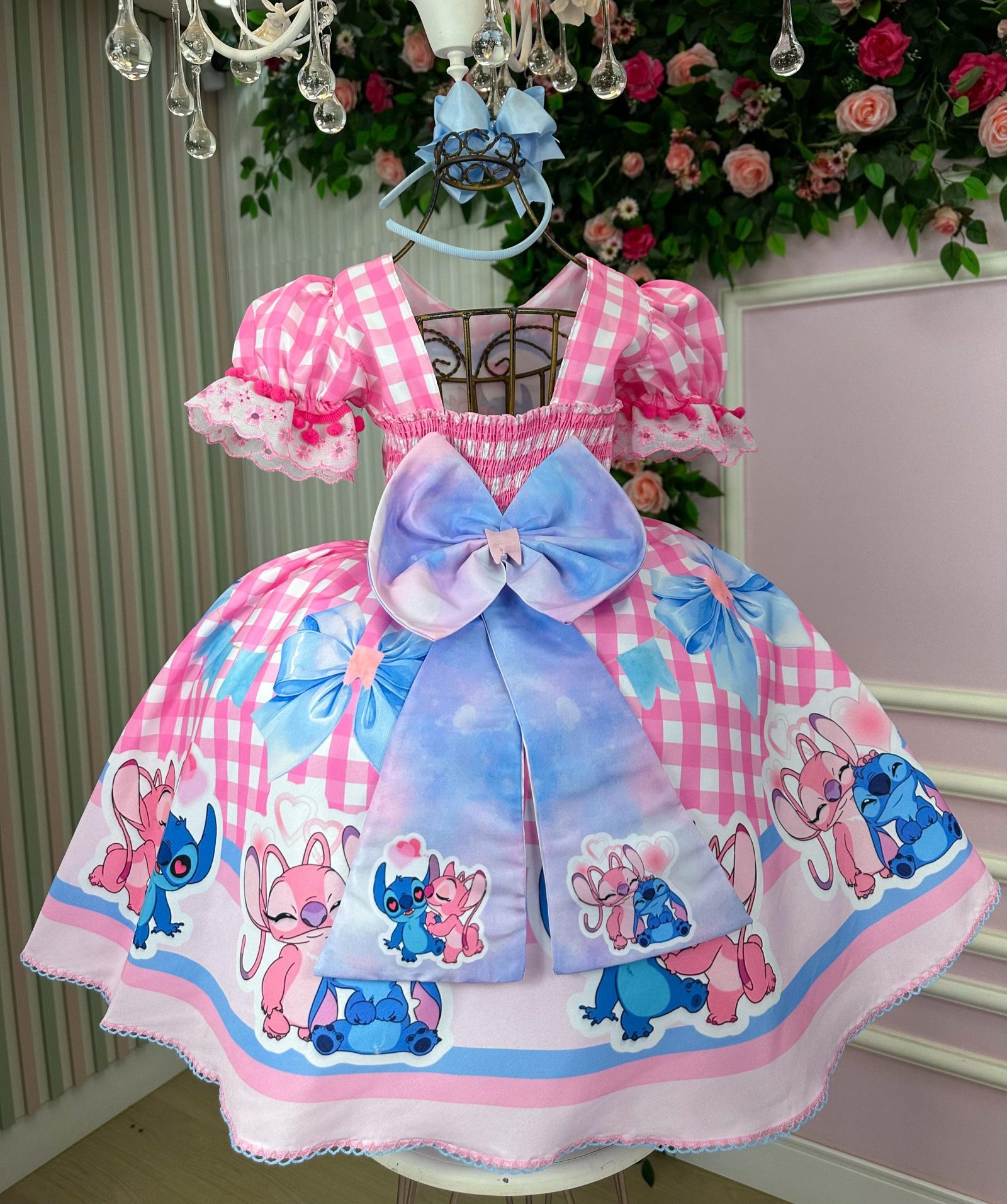 Vestido Junino Tematico Luxo Lilo Stitch Rosa Bebe - Imagem 9