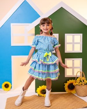 Conjunto Junino Banana Club Luxo Sofia Xadrez Azul