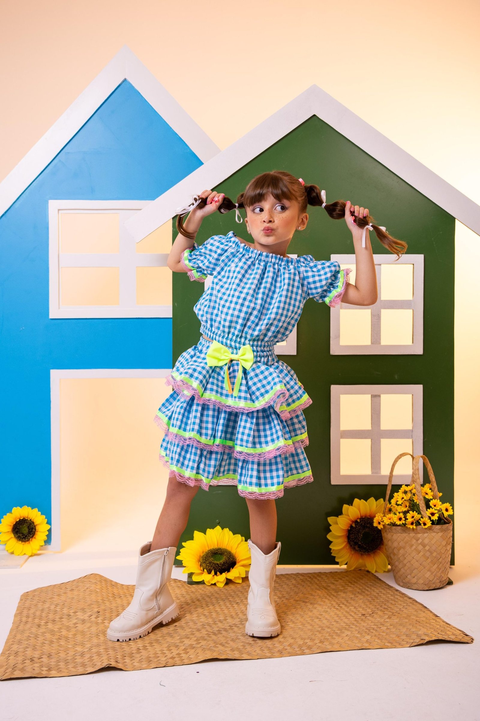 Conjunto Junino Banana Club Luxo Sofia Xadrez Azul - Imagem 2