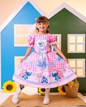 Vestido Junino Tematico Luxo Lilo Stitch Rosa Bebe