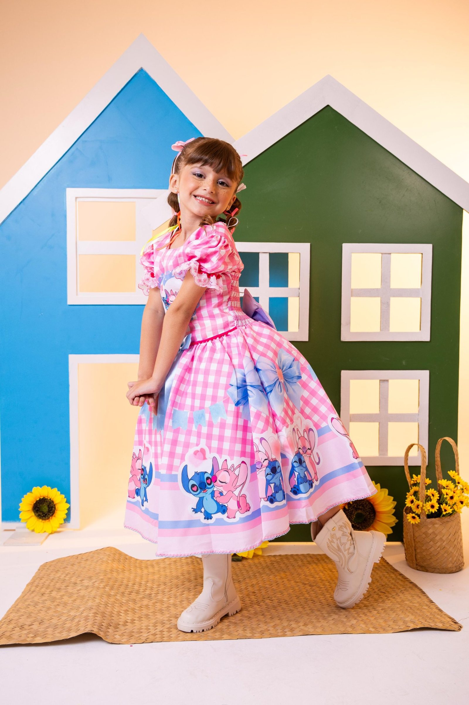 Vestido Junino Tematico Luxo Lilo Stitch Rosa Bebe - Imagem 3