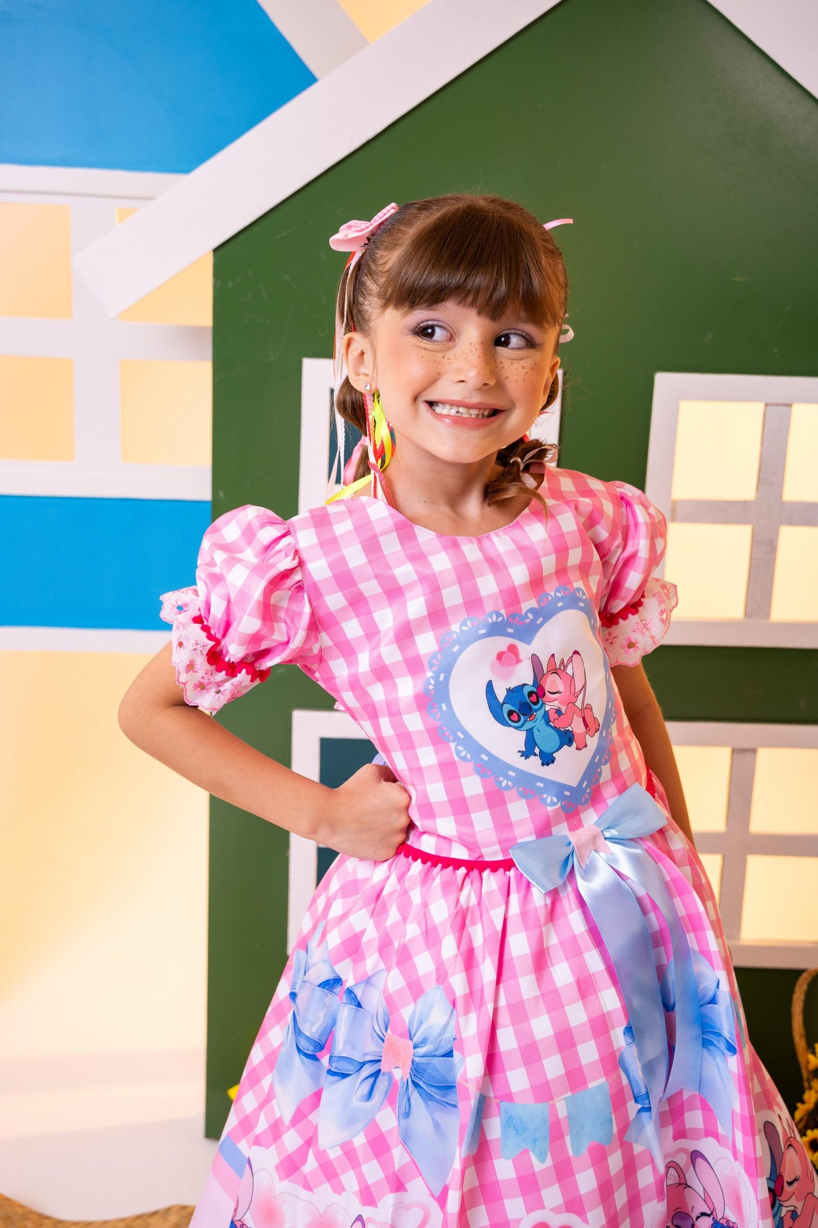 Vestido Junino Tematico Luxo Lilo Stitch Rosa Bebe - Imagem 4