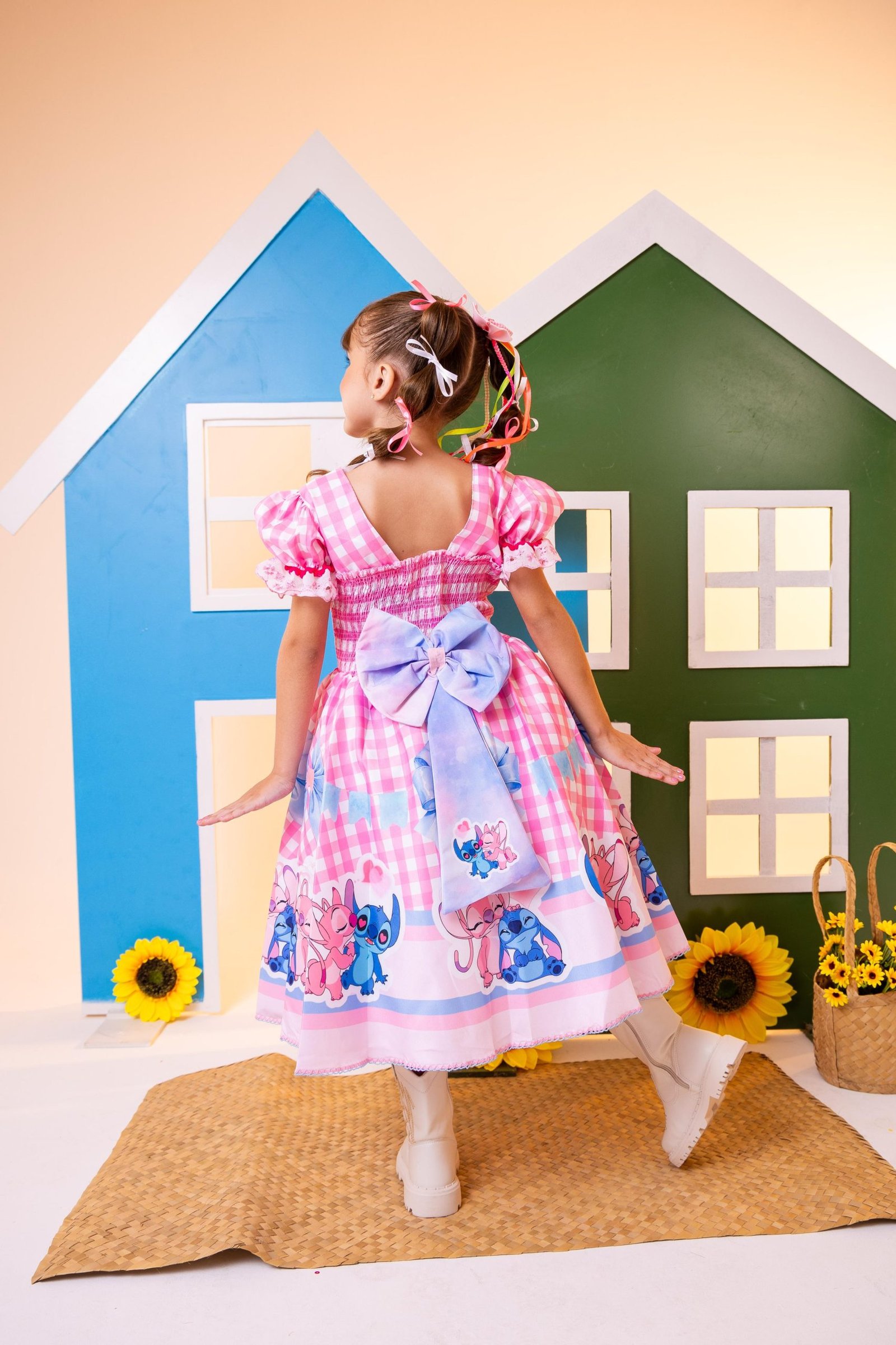 Vestido Junino Tematico Luxo Lilo Stitch Rosa Bebe - Imagem 5