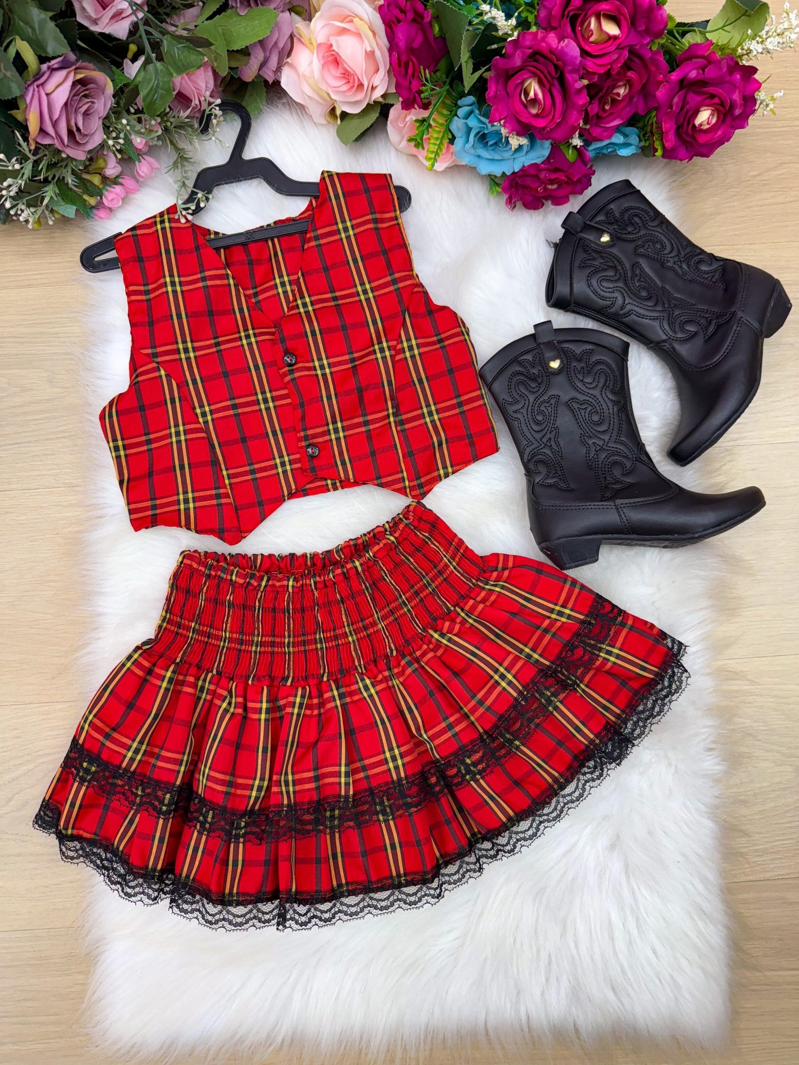 Conjunto Junino Miss Cherry Melissa Xadrez Vermelho
