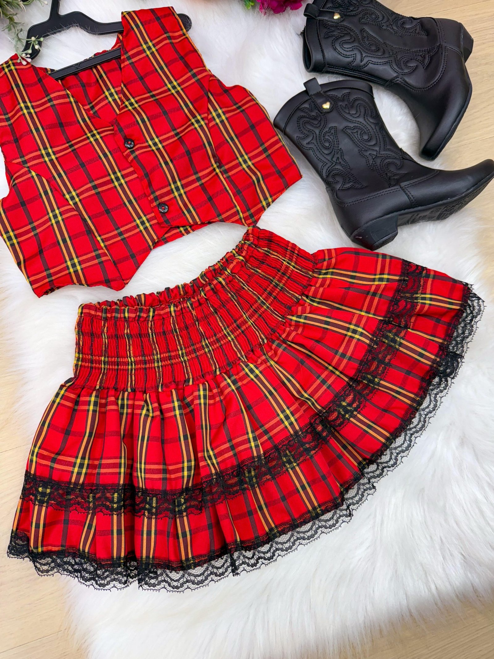 Conjunto Junino Miss Cherry Melissa Xadrez Vermelho - Imagem 3