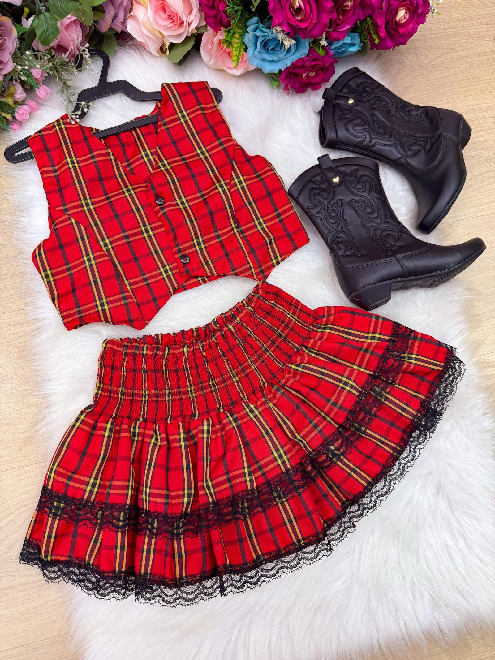 Conjunto Junino Miss Cherry Melissa Xadrez Vermelho - Imagem 4