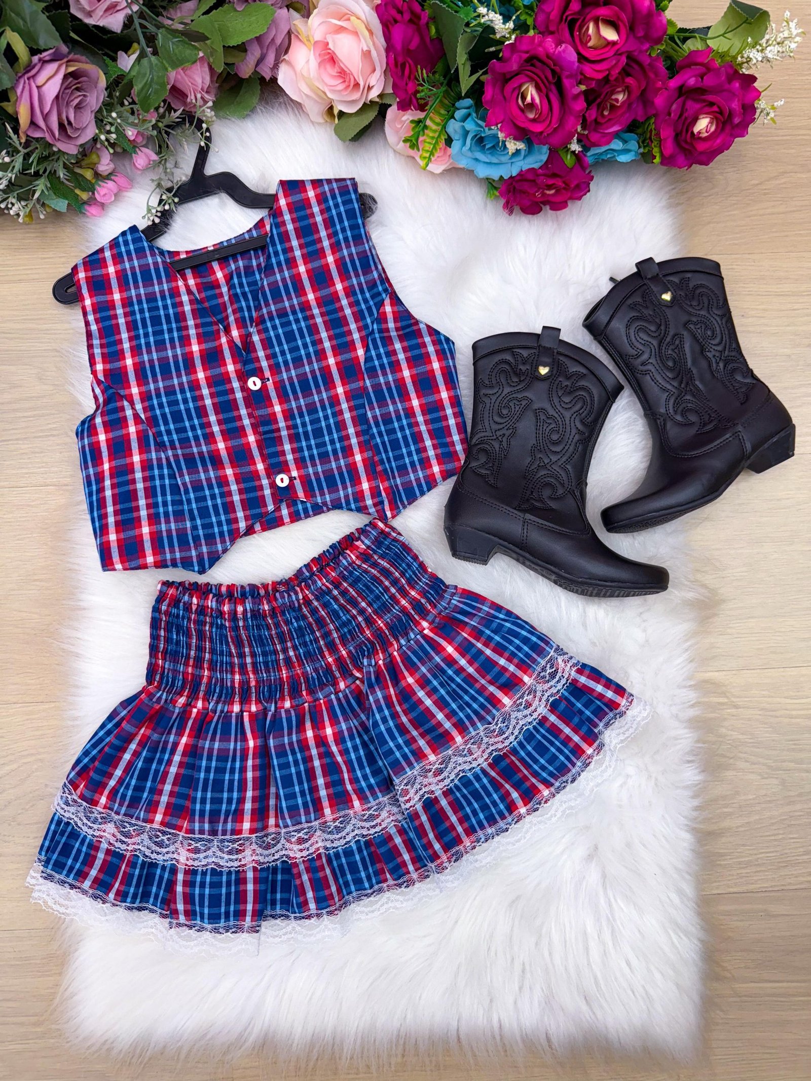 Conjunto Junino Miss Cherry Melissa Xadrez Azul Marinho - Imagem 6