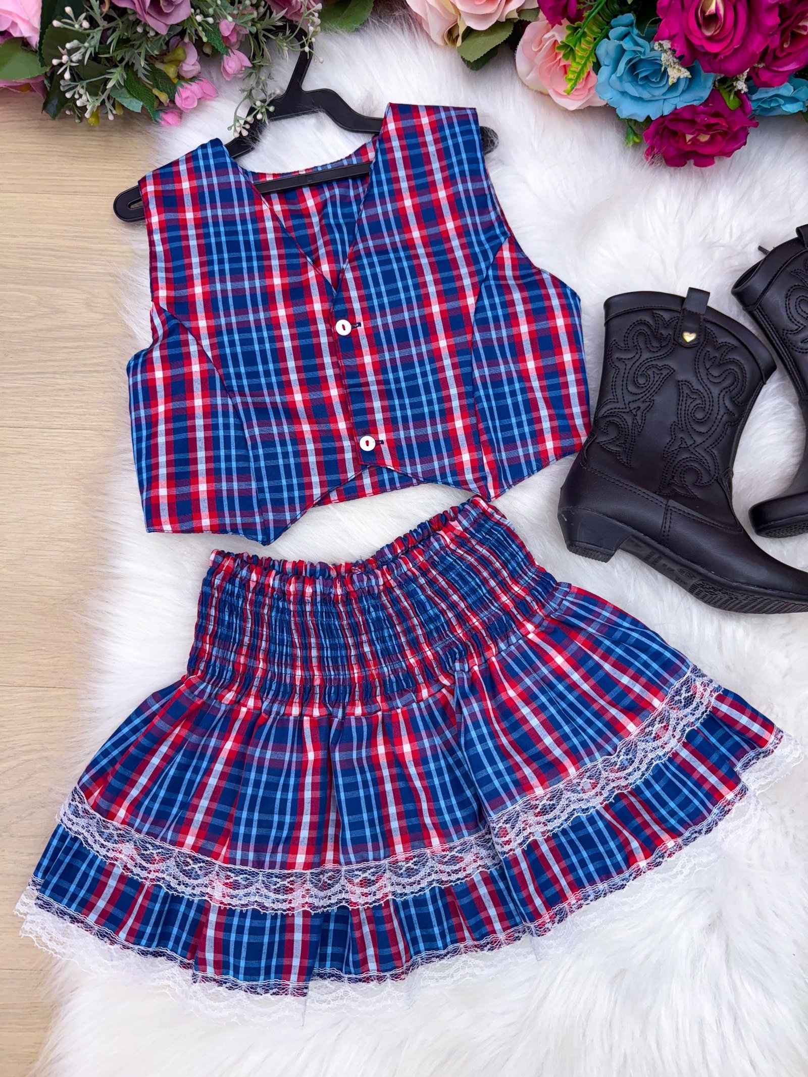 Conjunto Junino Miss Cherry Melissa Xadrez Azul Marinho - Imagem 7