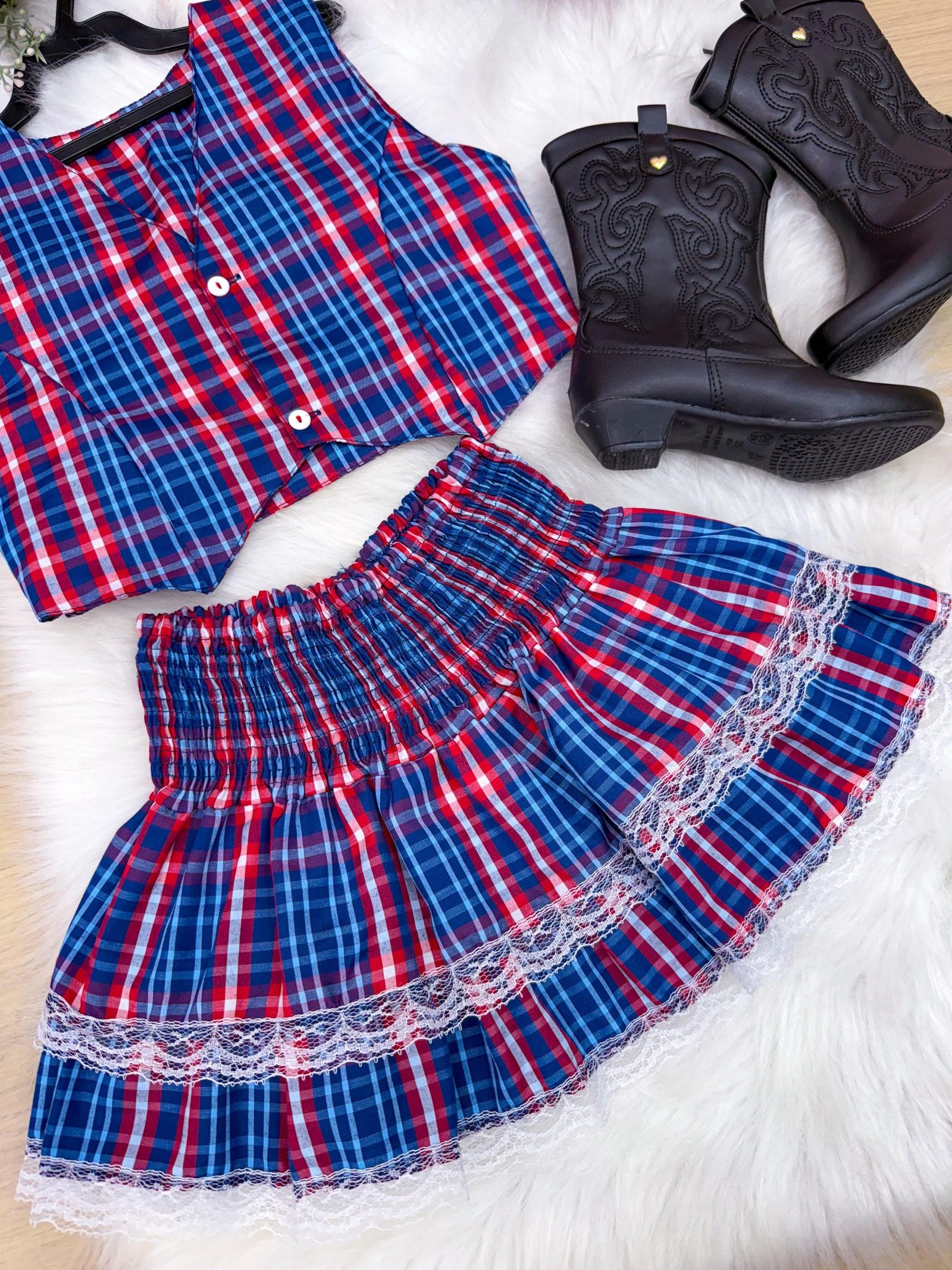 Conjunto Junino Miss Cherry Melissa Xadrez Azul Marinho - Imagem 9