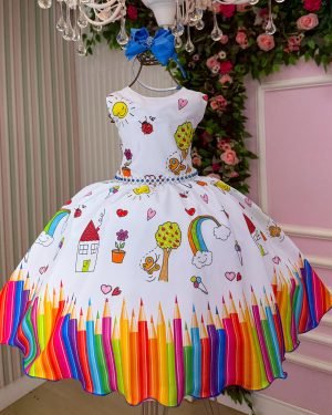 Vestido Marie Lapis Aquarela ABC Branco e Azul Royal