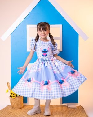 Vestido Junino Tematico Luxo Lilo Stitch Azul Bebe