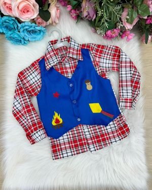 Camisa Junina Xadrez São João Colete Azul