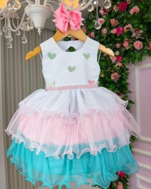 Vestido Vila Lele Bebe Lolo Saia Verde e Rosa