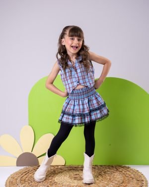 Conjunto Junino Miss Cherry Melissa Xadrez Azul Bebe