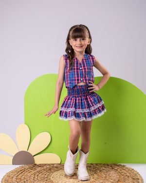 Conjunto Junino Miss Cherry Melissa Xadrez Azul Marinho