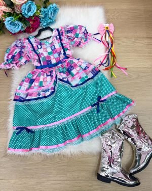 Vestido Bella Child Junino Celebração Caipira Verde Tiffany