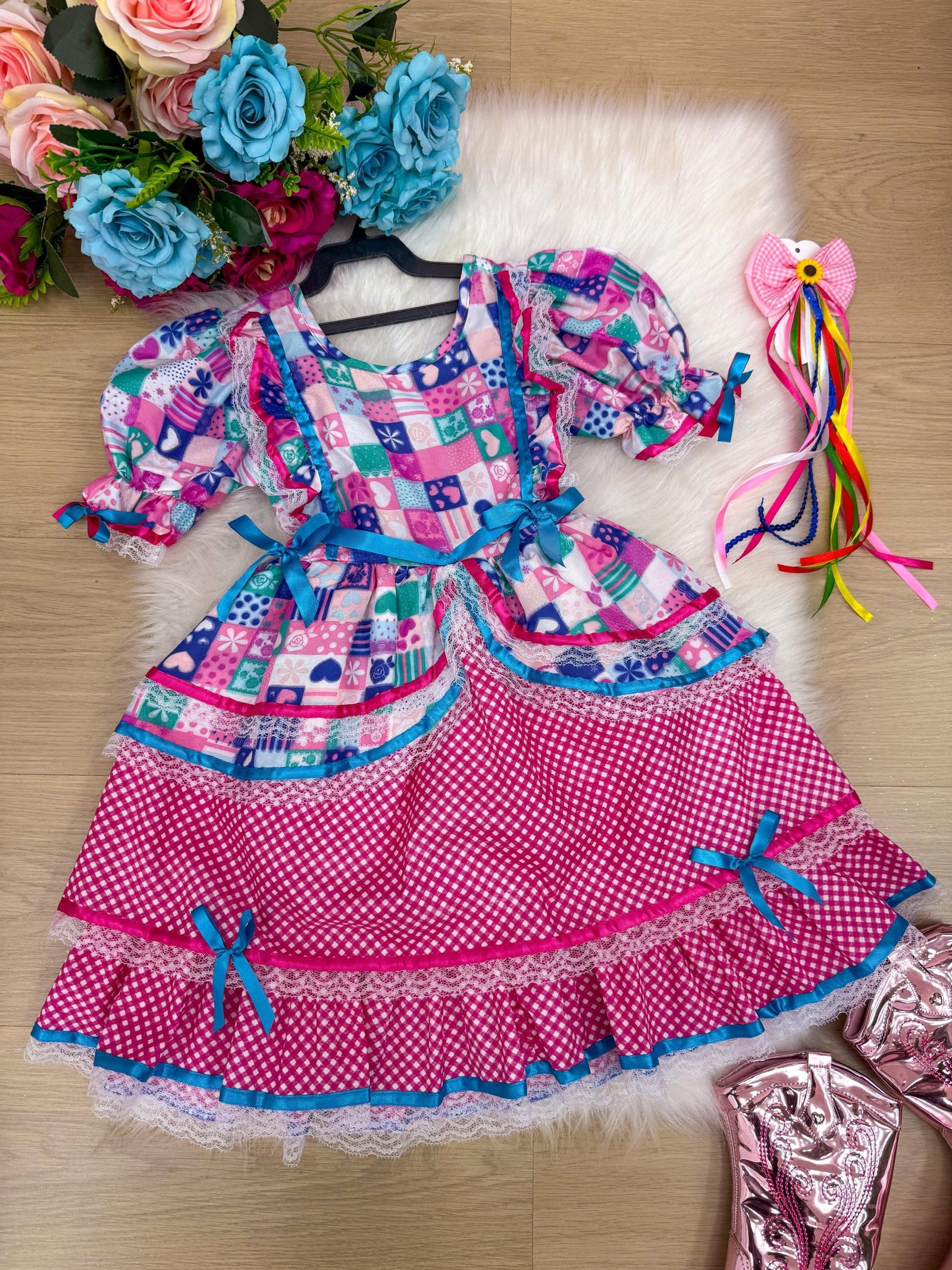 Vestido Bella Child Junino Celebração Caipira Pink