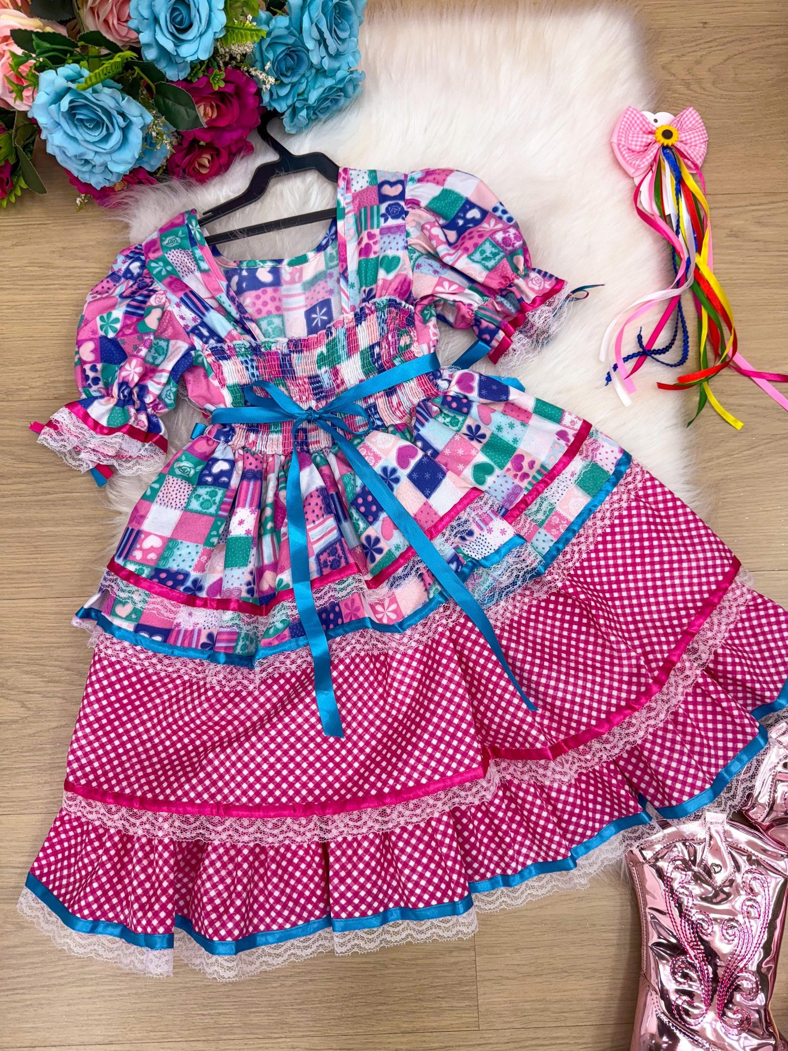 Vestido Bella Child Junino Celebração Caipira Pink - Imagem 4