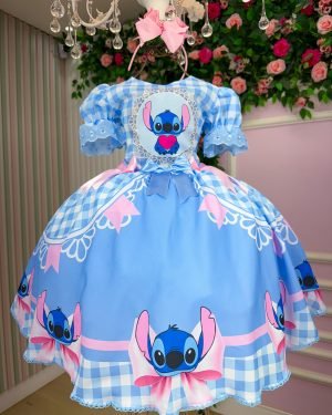 Vestido Junino Tematico Luxo Lilo Stitch Azul Bebe Modelo 2