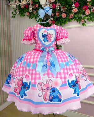 Vestido Junino Tematico Luxo Lilo Stitch Rosa Bebe Modelo 2