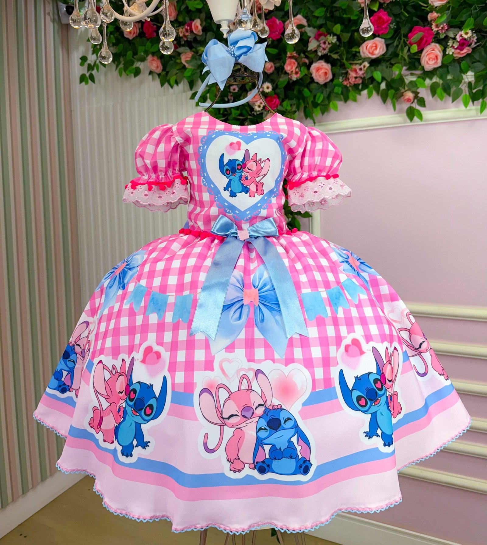 Vestido Junino Tematico Luxo Lilo Stitch Rosa Bebe Modelo 2