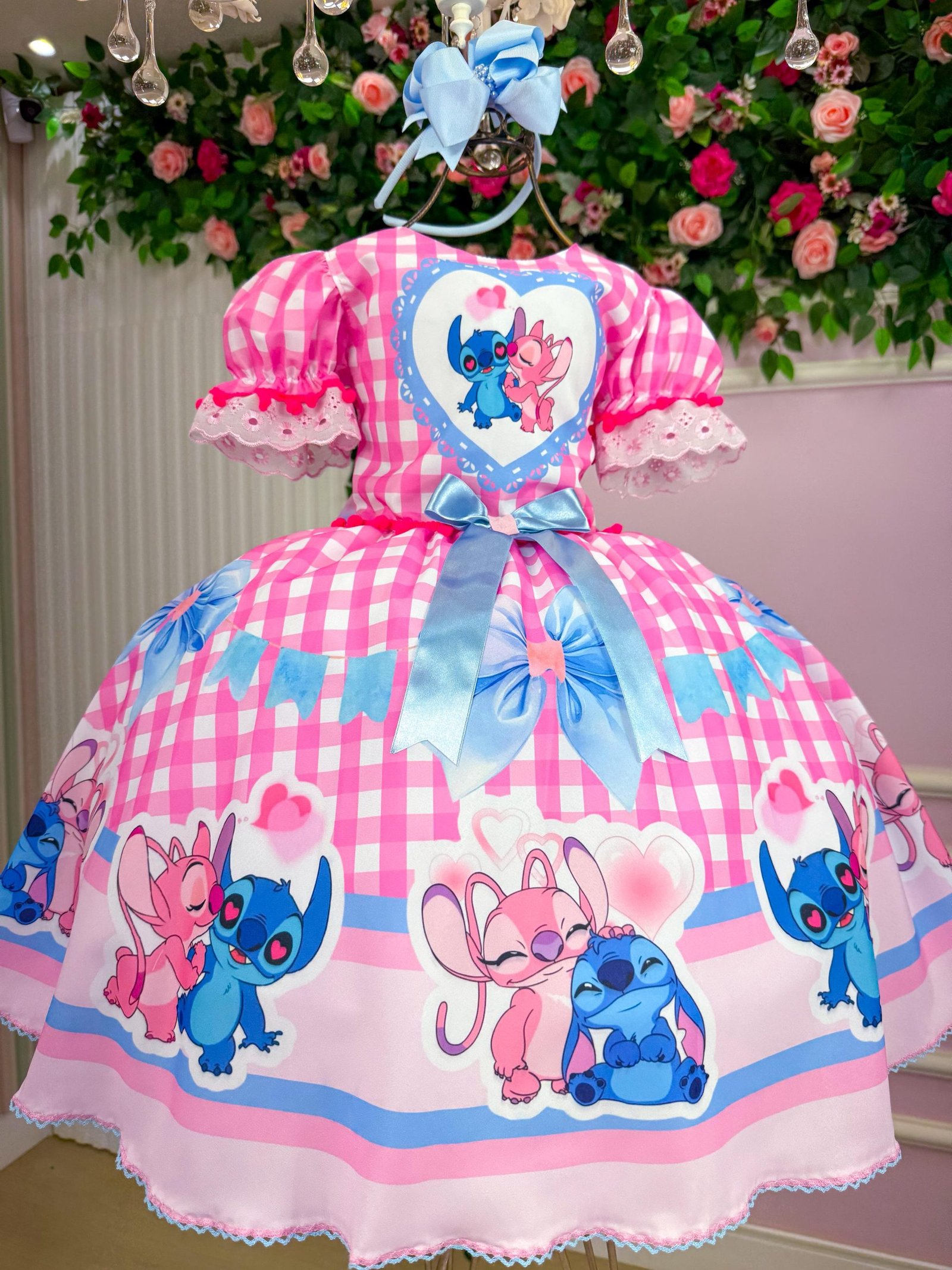 Vestido Junino Tematico Luxo Lilo Stitch Rosa Bebe Modelo 2 - Imagem 2