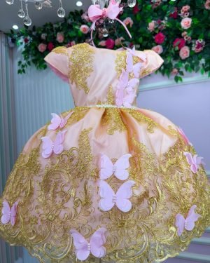 Vestido Marie Jardim Encantado Rosa e Dourado