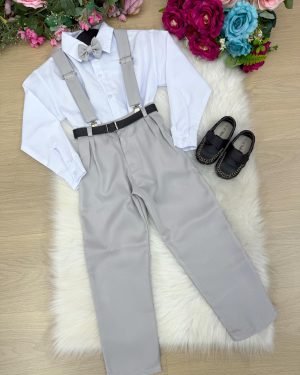 Conjunto Meninos Miss Cherry Leo Suspensorio Cinza Claro