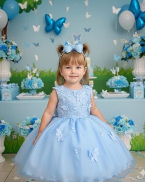 Vestido Marie Jardim das Borboletas Azul Bebe Viviane Modelo