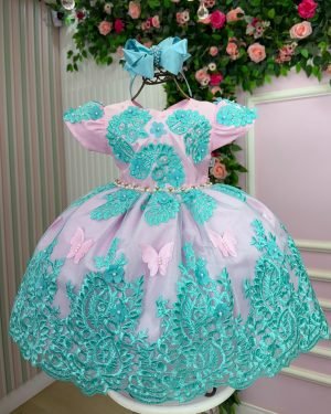 Vestido Marie Jardim Encantado Realeza Rosa Renda Verde Tiff