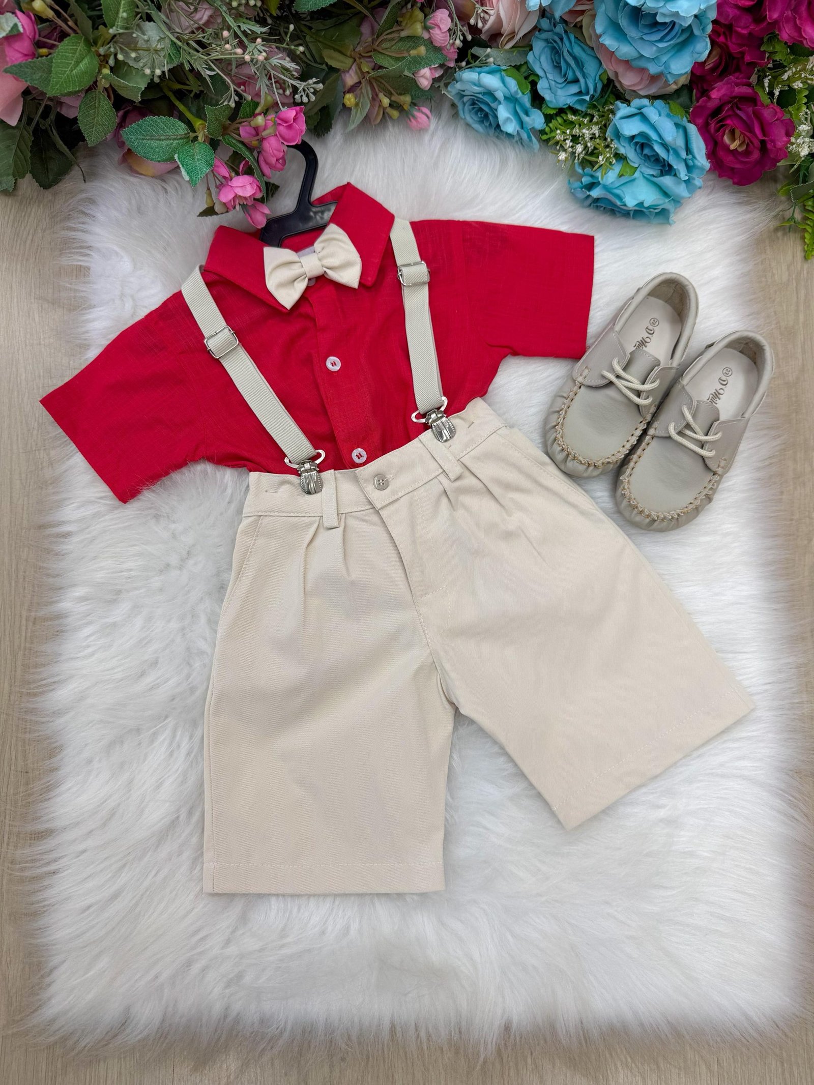 Conjunto Miss Cherry Henry Vermelho Suspensorio Bege - Imagem 5