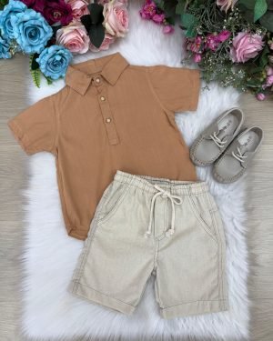 Conjunto Meninos Lucas Banana Club Shorts Camisa Marrom