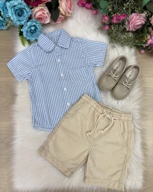 Conjunto Meninos Lucas Banana Club Shorts Camisa Azul Listra