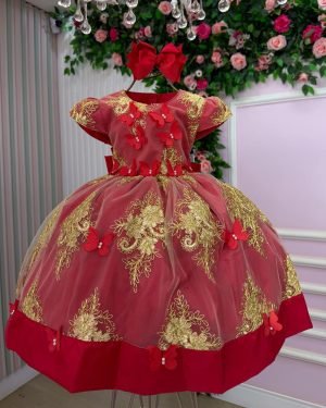 Vestido Marie Marcelina Jardim Encantado Vermelho com Dourad